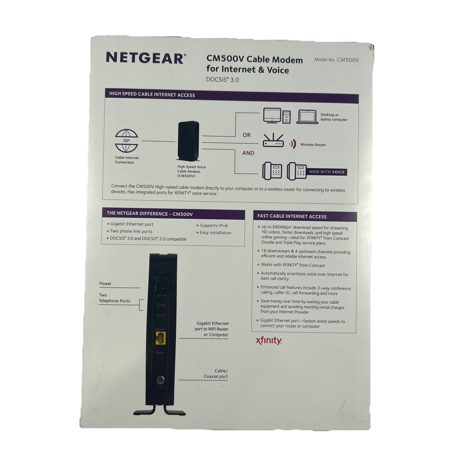 Netgear CM500V 16×4 DOCSIS 3.0 680Mbps High Speed Cable Modem with Voice Open