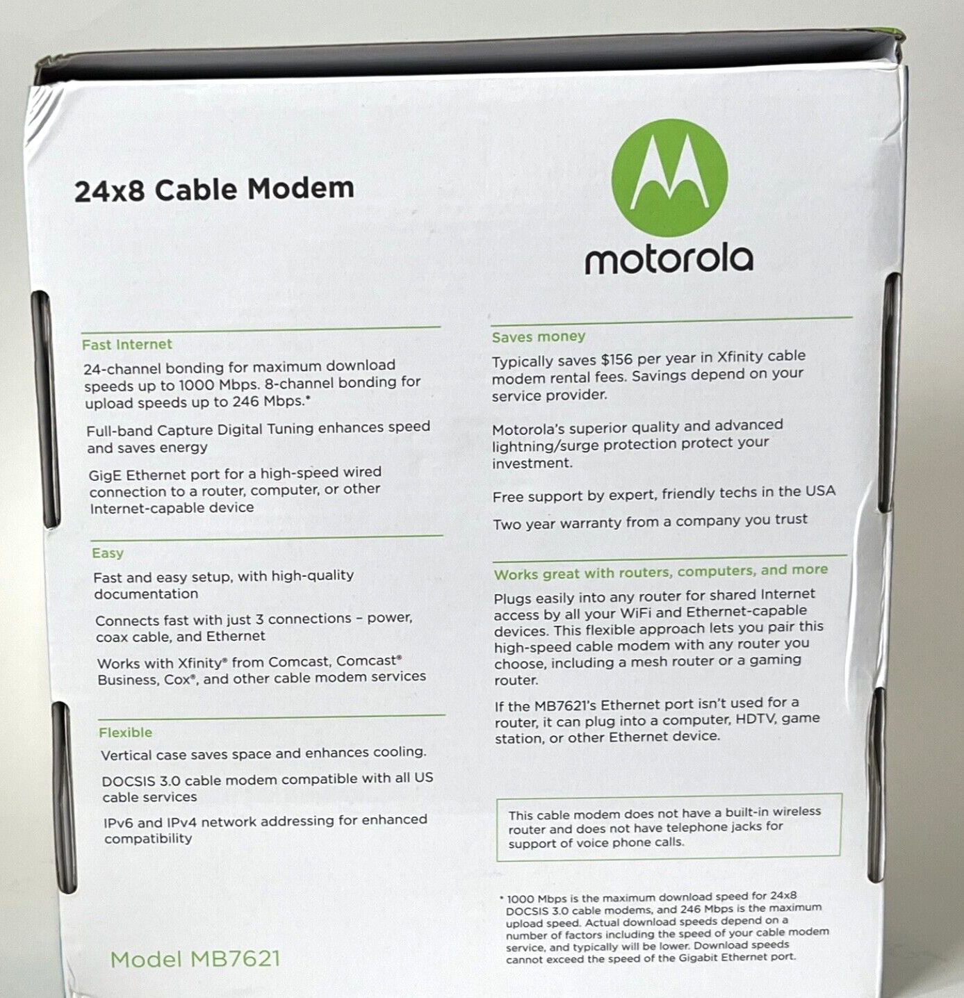 Motorola MB7621 Cable Modem, Works with Any Wi-Fi Router, Most Providers