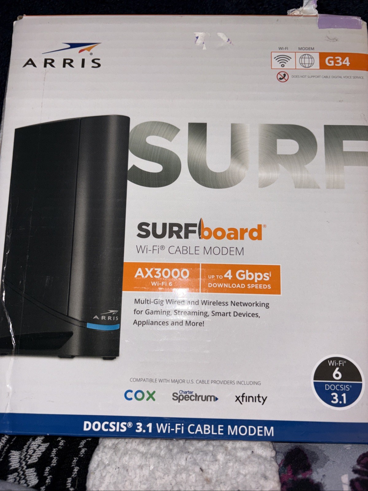 ARRIS G34 AX3000 WiFi 2.4GHz Surfboard Cable Modem, 4 Gbps, 4 Ports