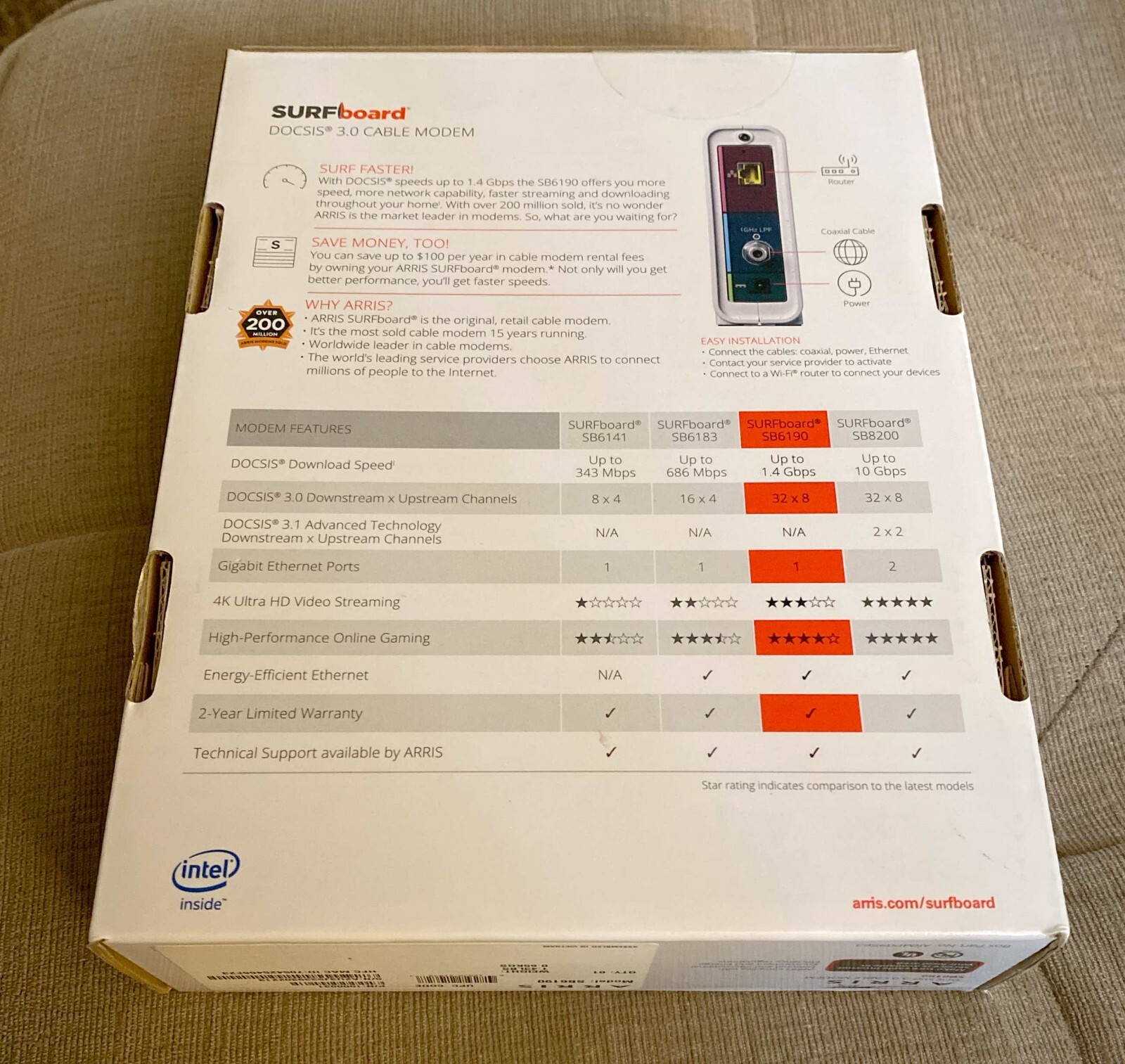 ARRIS Surfboard SB6190 – 32×8 Docsis 3.0 Cable Modem – Black P (Never Used)