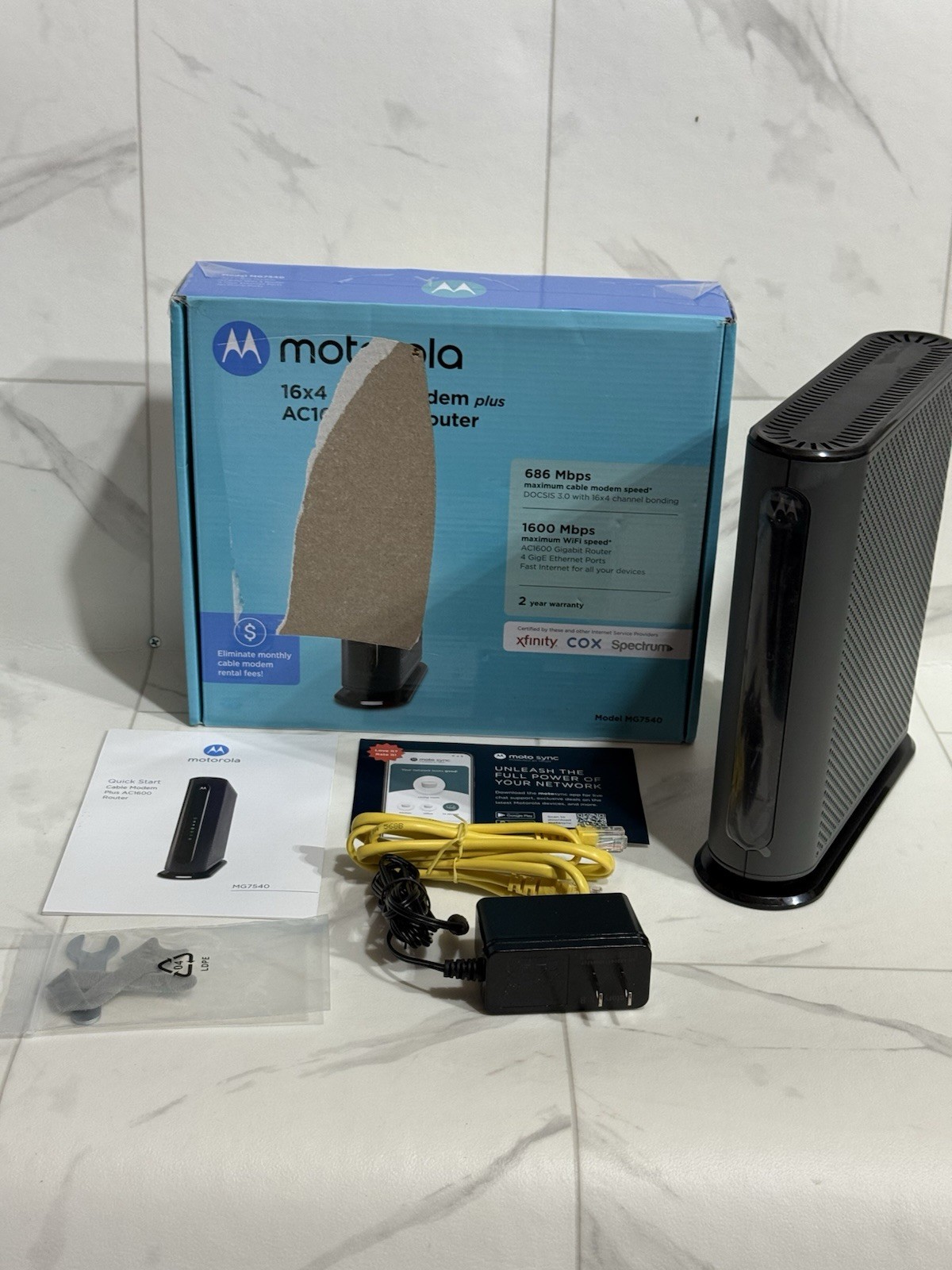 Motorola 16×4 Cable Modem Plus AC1600 Dual Band WiFi Gigabit Router Model MG7540