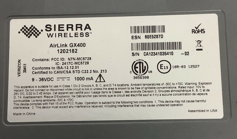 Sierra Wireless AirLink GX400 1202182 Air Link verizon modem