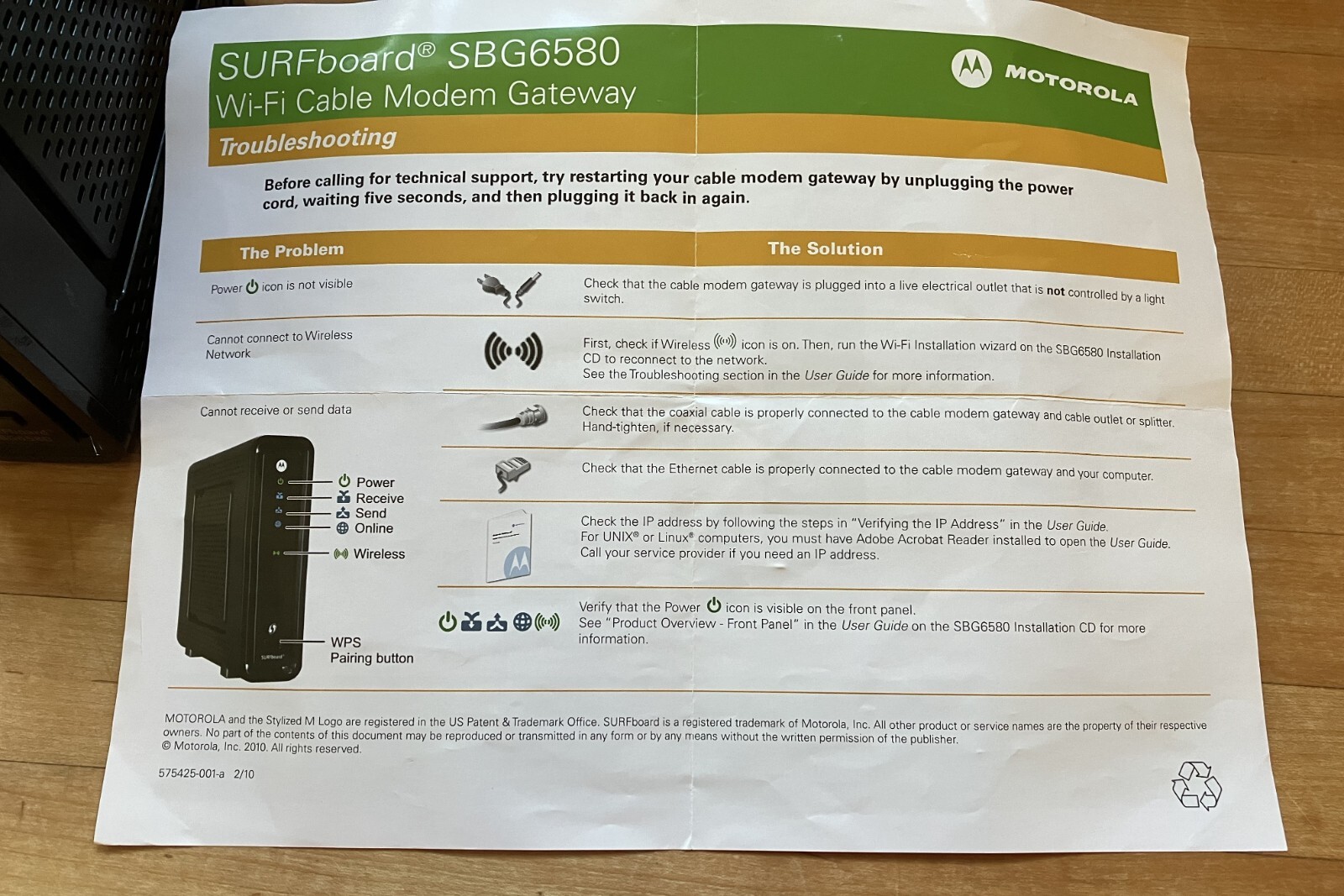 Motorola SBG6580 SURFboard Wi-Fi Cable Modem w/Install Sheet NO POWER CORD/box