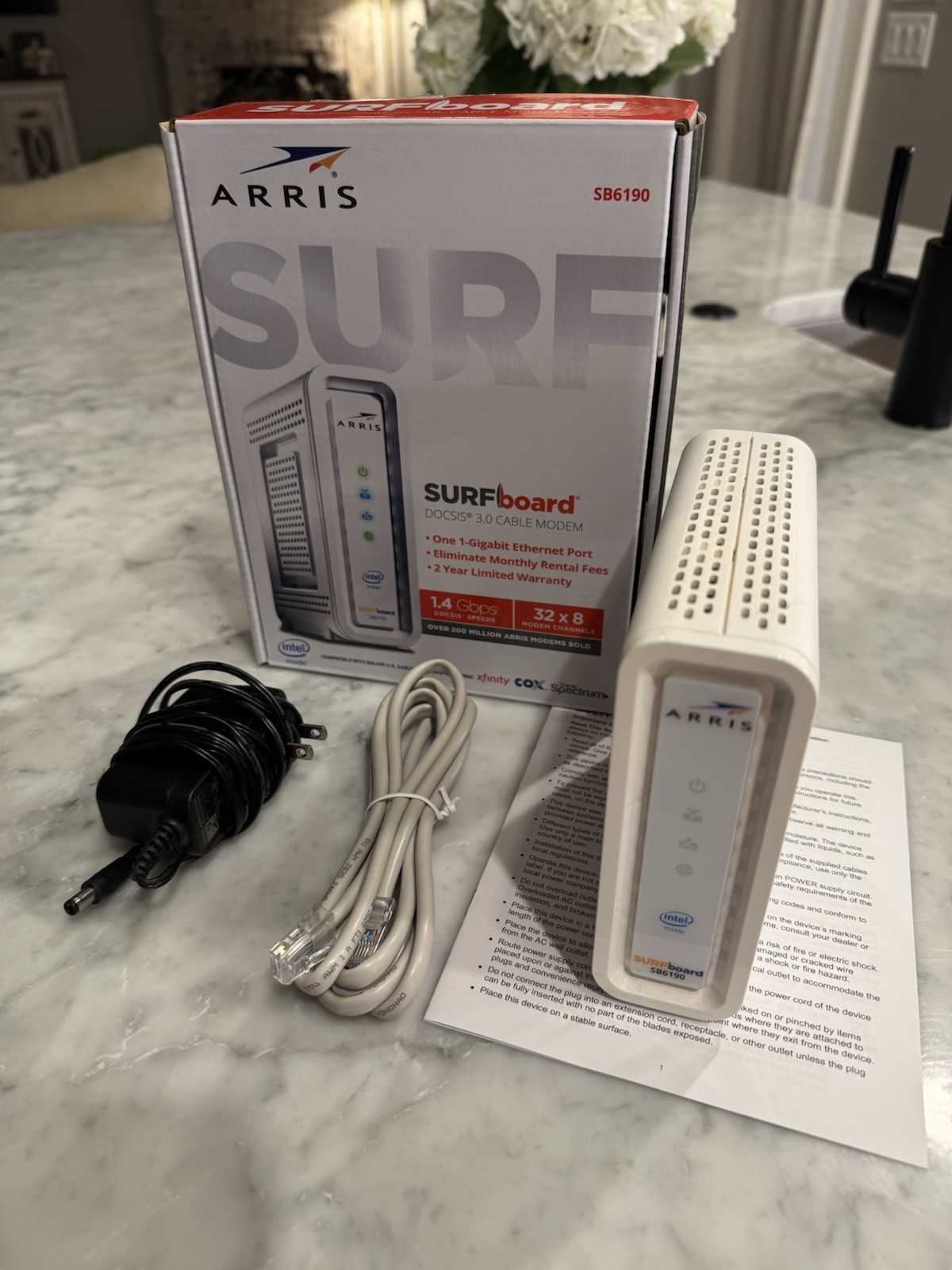 (Used) ARRIS Surfboard SB6190-RB DOCSIS 3.0 Cable Modem, White & Ethernet Cable