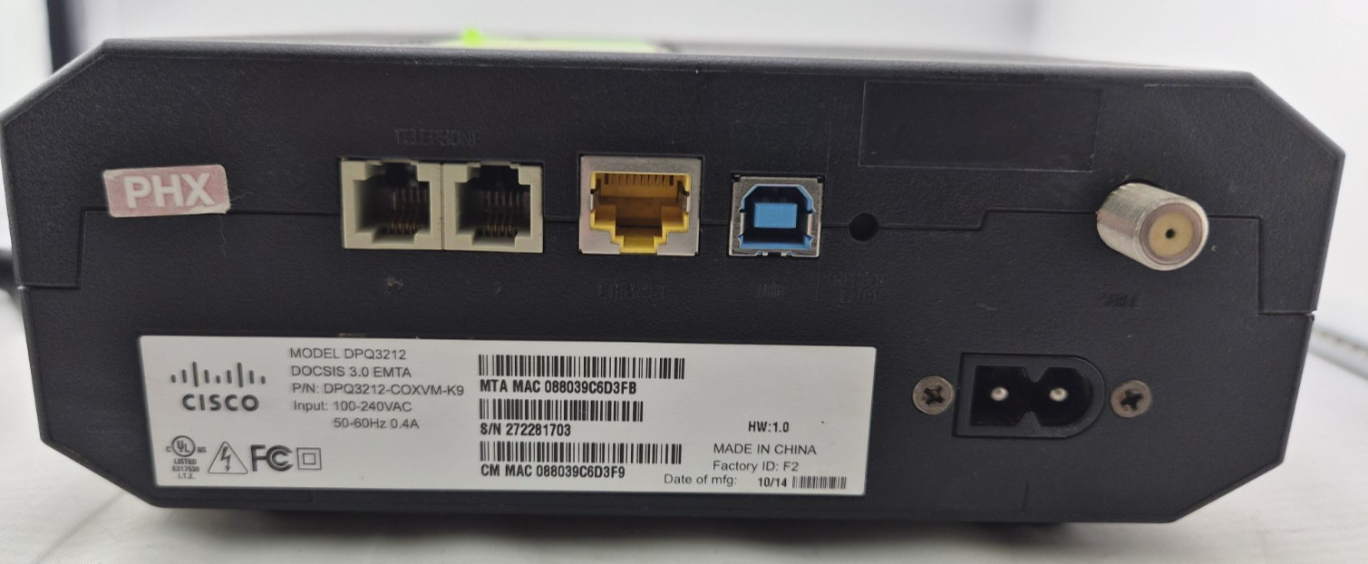 Cisco DPQ3212 Cable Modem Phone DOCSIS 3.0 with Power Cord