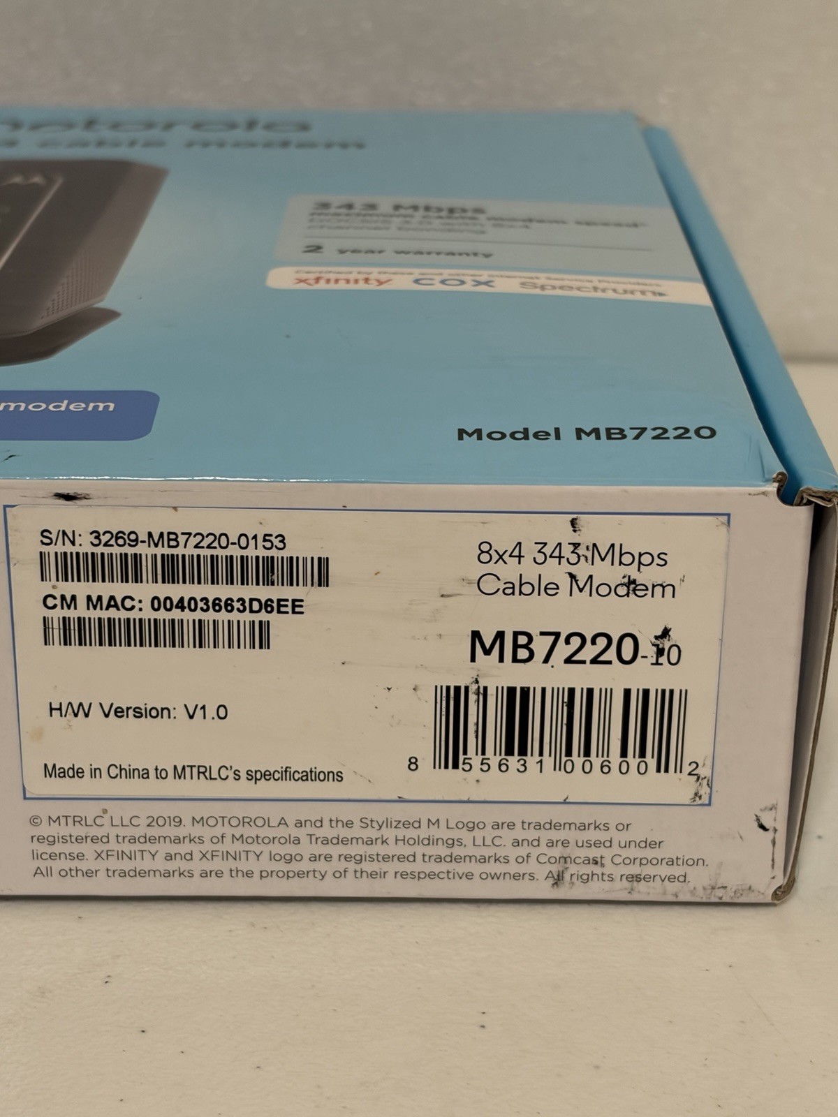 NEW SEALED Motorola MB7220-10 8×4 343Mbps DOCSIS 3.0 Cable Modem