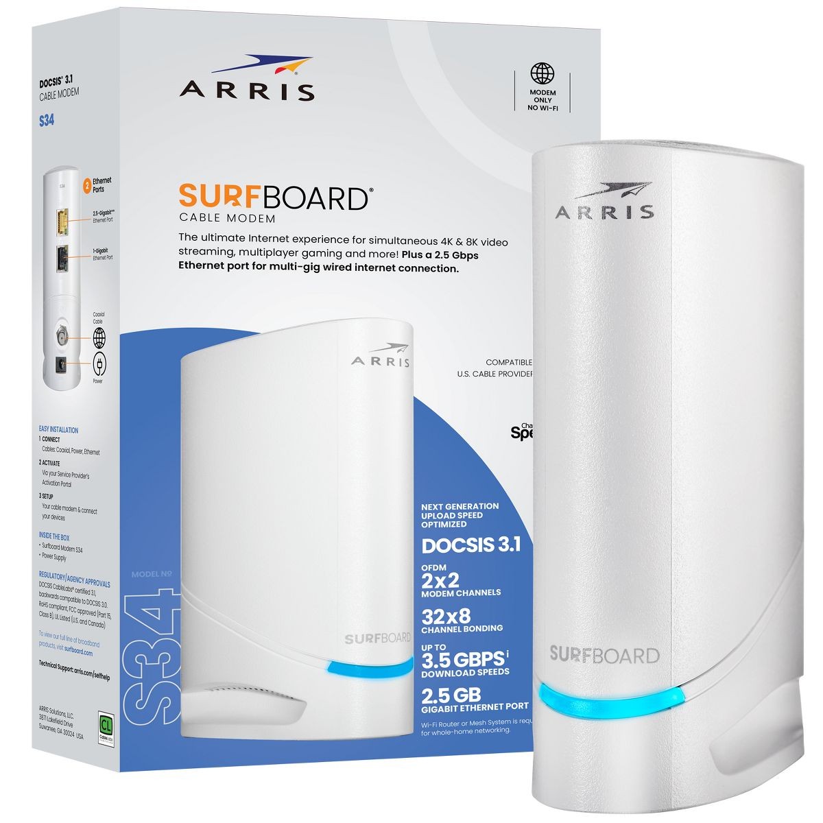WHITE – ARRIS SURFBOARD S34 DOCSIS 3.1 CABLE MODEM