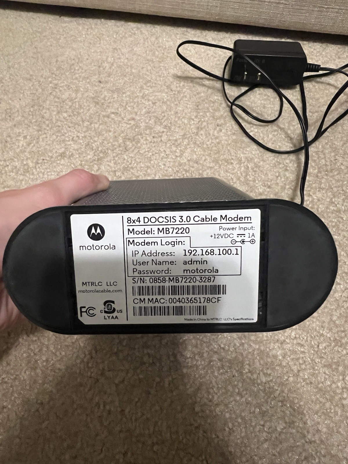 Motorola MB 7220 8×4 Cable Modem DOCSIS 3.0 Excellent Condition