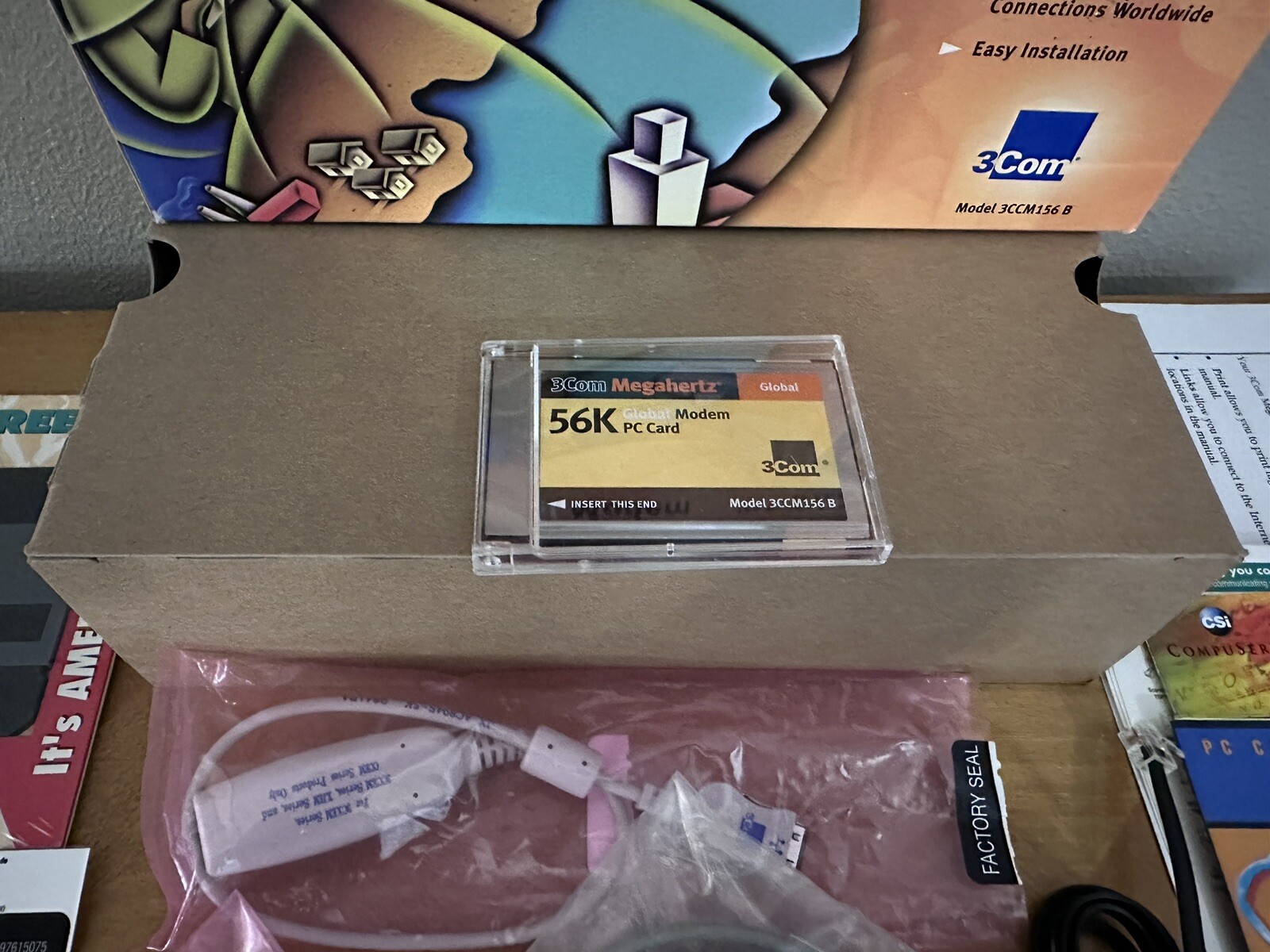 3Com 56K Global Modem Card W/ Box Cords, CD’s, Disk And Pamplets.