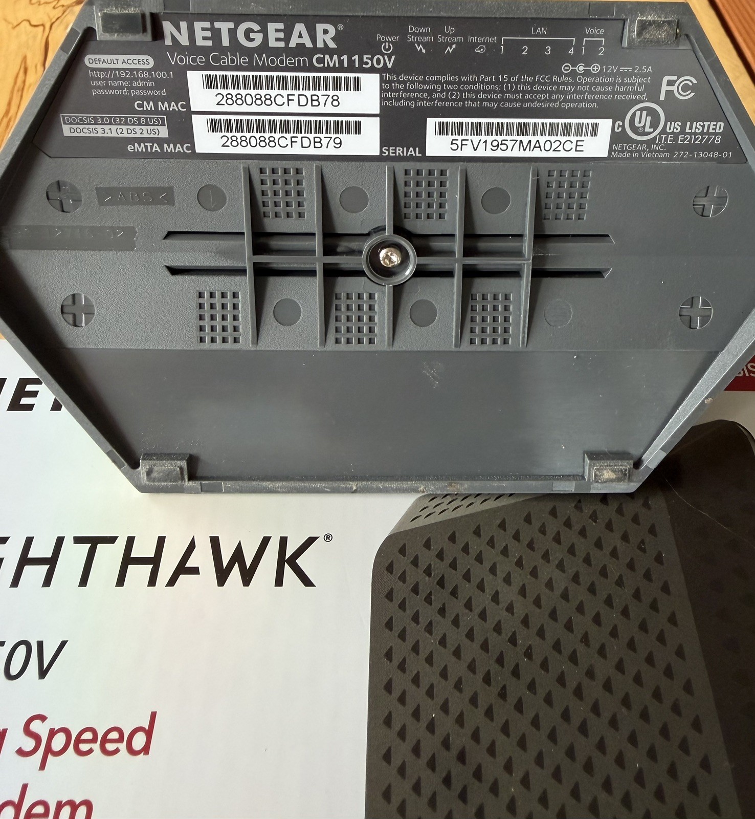 NETGEAR CM1150V Voice Cable Modem DOCSI Unit with power cord Only