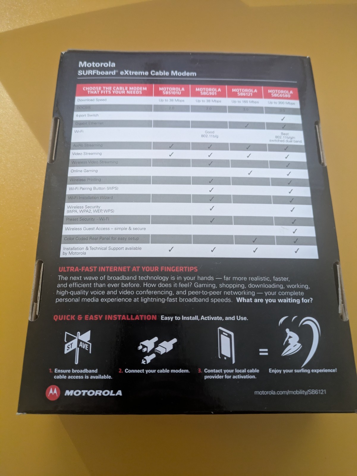 Motorola Arris SURFboard SB6121 DOCSIS 3.0 Cable Modem – Black W/AC Adapter