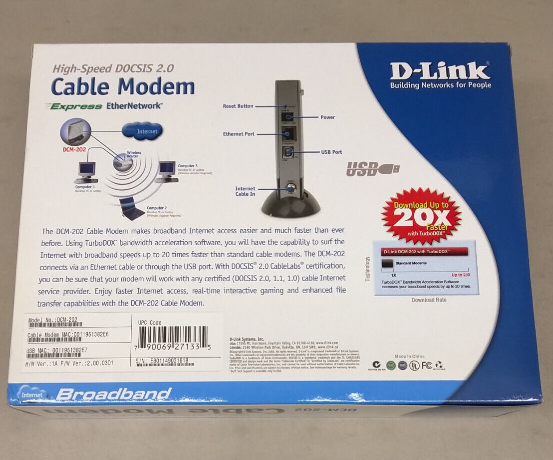 D-Link DCM-202 Cable Modem EUC Ethernet USB Stand CD-ROM