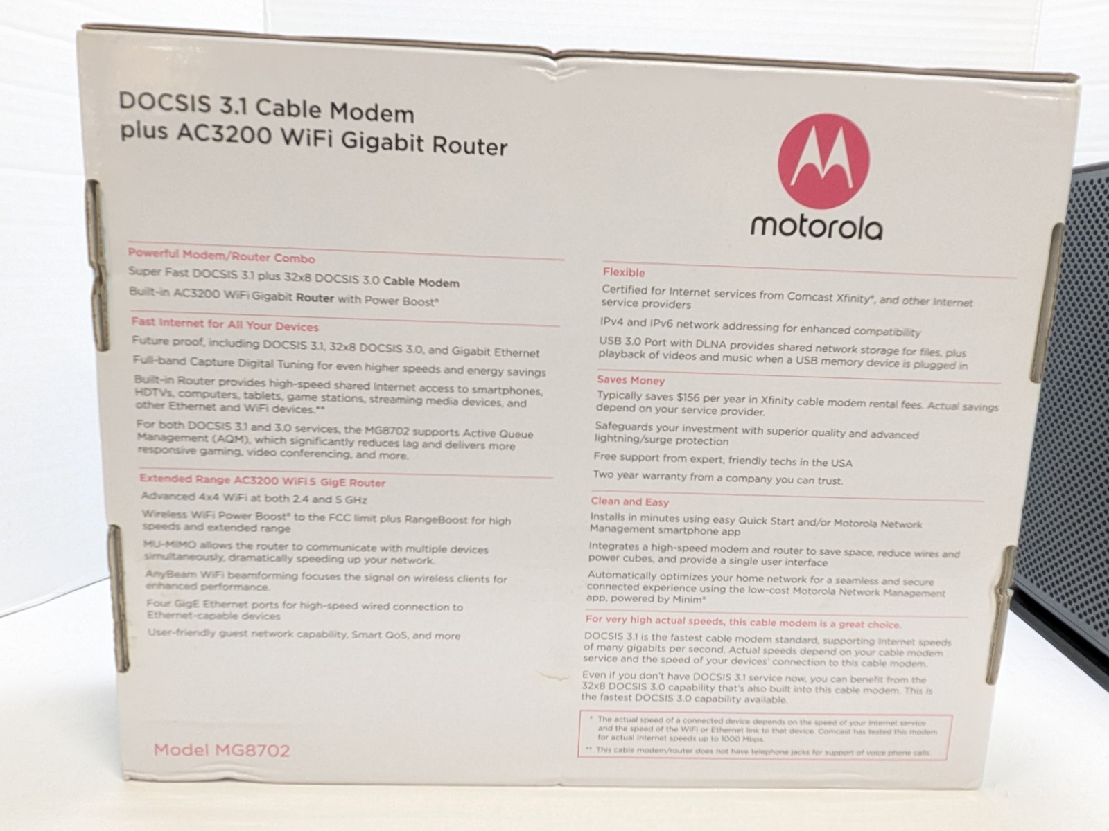 Motorola MG8702 DOCSIS 3.1 Cable Modem Router Combo AC3200 | 4-Port | Tested