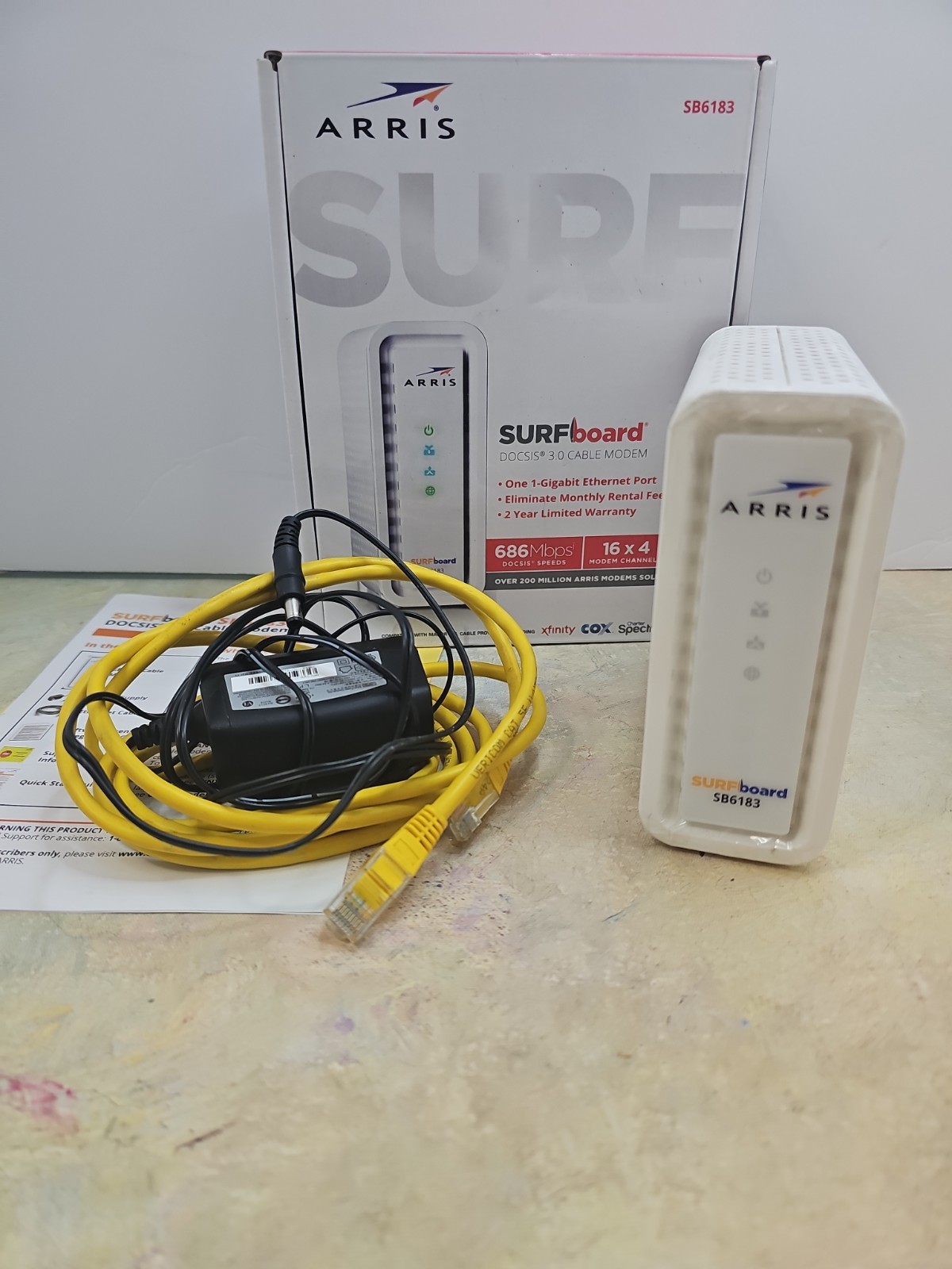 ARRIS SURFboard Modem DOCSIS 3.0 Cable White SB6183 W/ethernet Cable RJ45