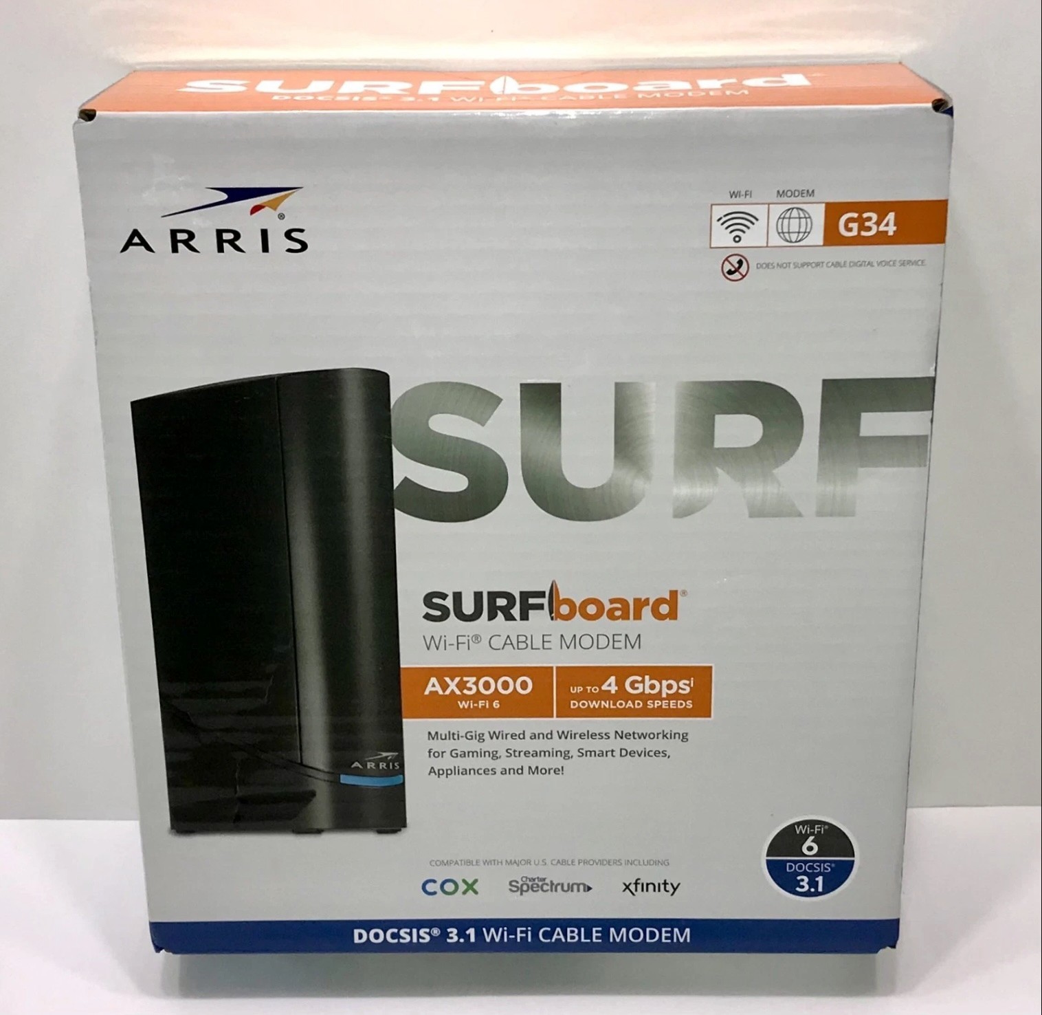 ARRIS Surfboard G34 DOCSIS 3.1 Wi-Fi 6 AX3000 Cable Modem Router Combo – OpenBox