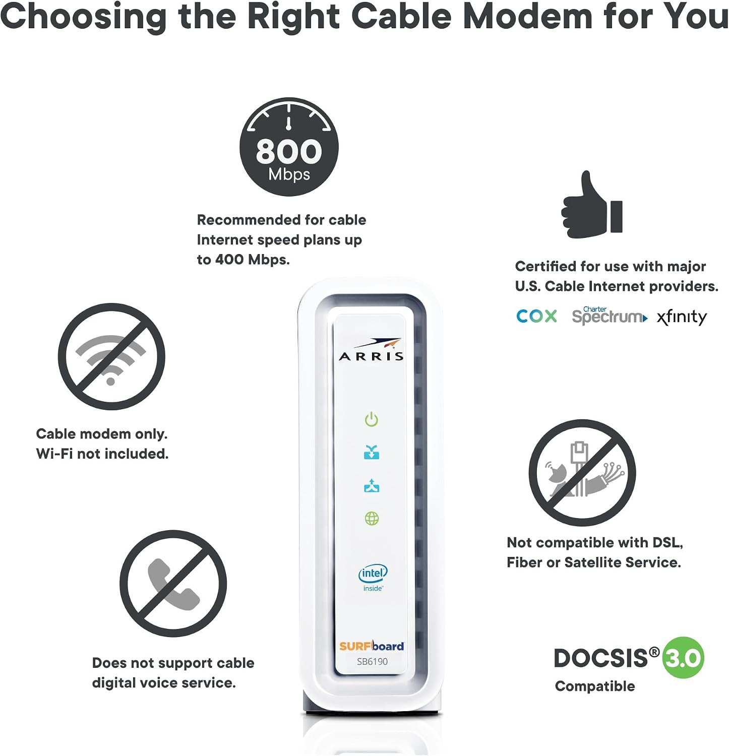 ARRIS SB6190 Cable Modem DOCSIS 3.0 32×8 Gigabit 1 Gbps Port 800 Mbps Max Speed