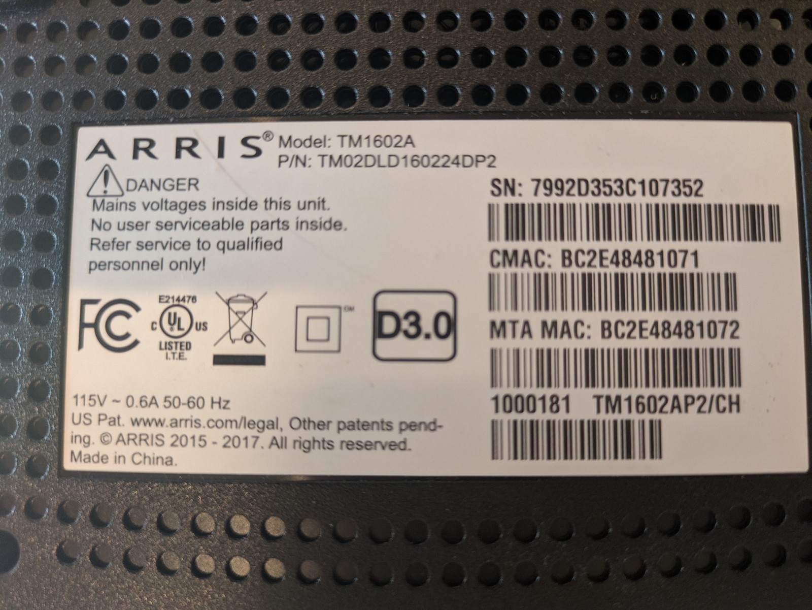 ARRIS TOUCHSTONE TM1602A TELEPHONY CABLE MODEM 3.0 Optimum WOW Cablevision