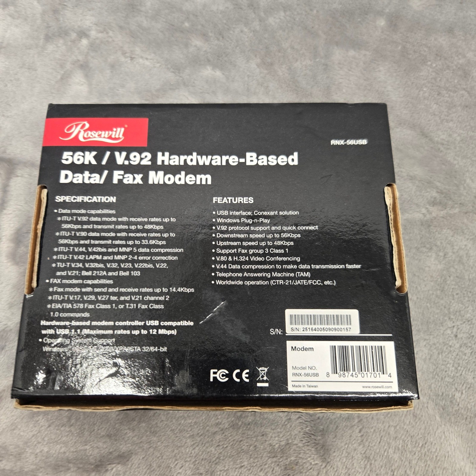 Rosewill RNX-56USB 56K V.92 Hardware-Based USB External Data Fax Modem Black