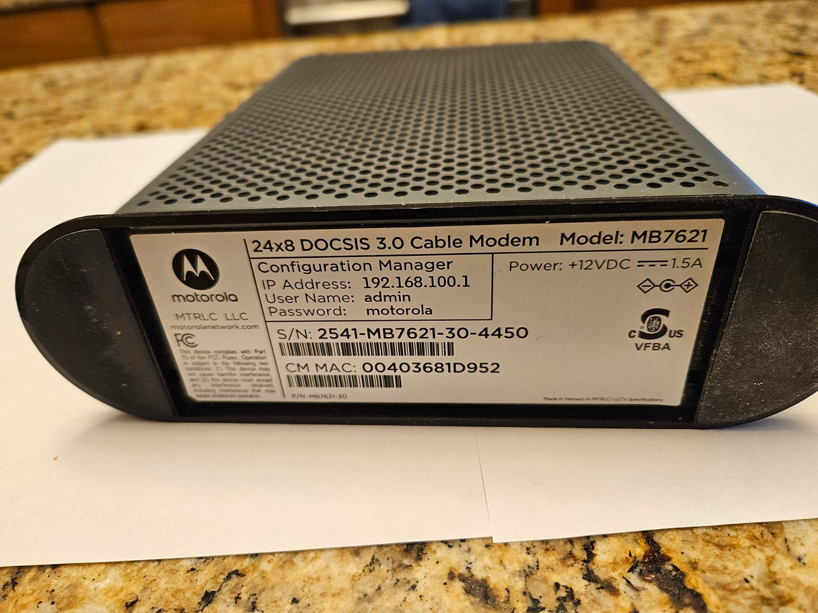 Motorola Cable Modem Model MB7621
