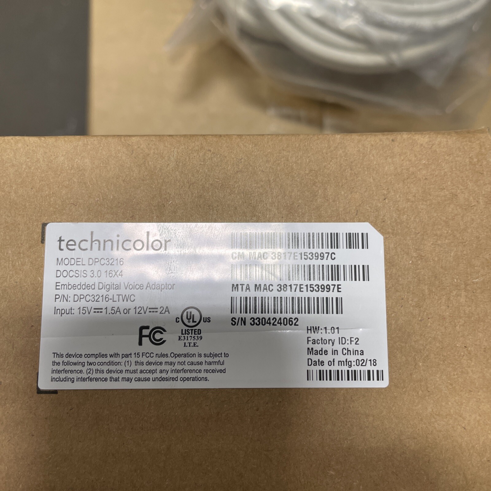 Technicolor/Cisco DPC3216 DOCSIS 3.0 16×4 Cable Modem w/ Power Adapter