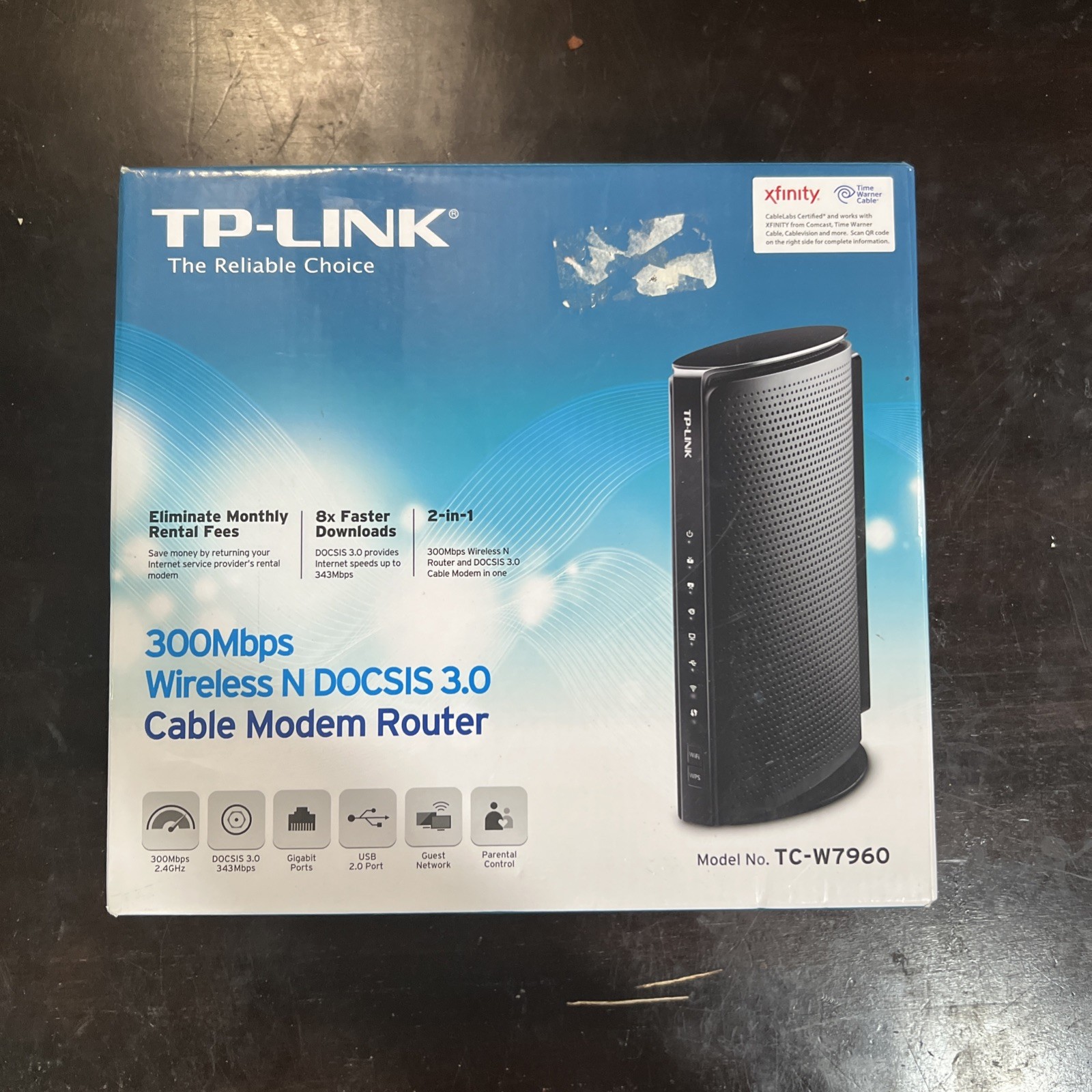 TP-Link TC-W7960 DOCSIS 3.0 Cable Modem Wireless N Router 300Mbps Xfinity w/Accs