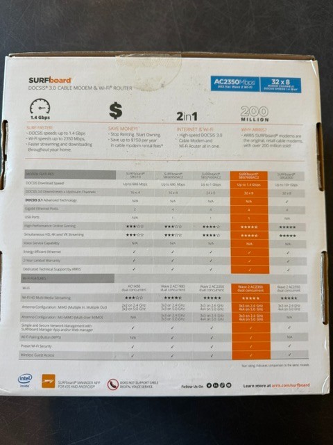 ARRIS SURFboard SBG7600AC2 DOCSIS 3.0 Wi-Fi Cable Modem. AC2350 Wi-Fi 5