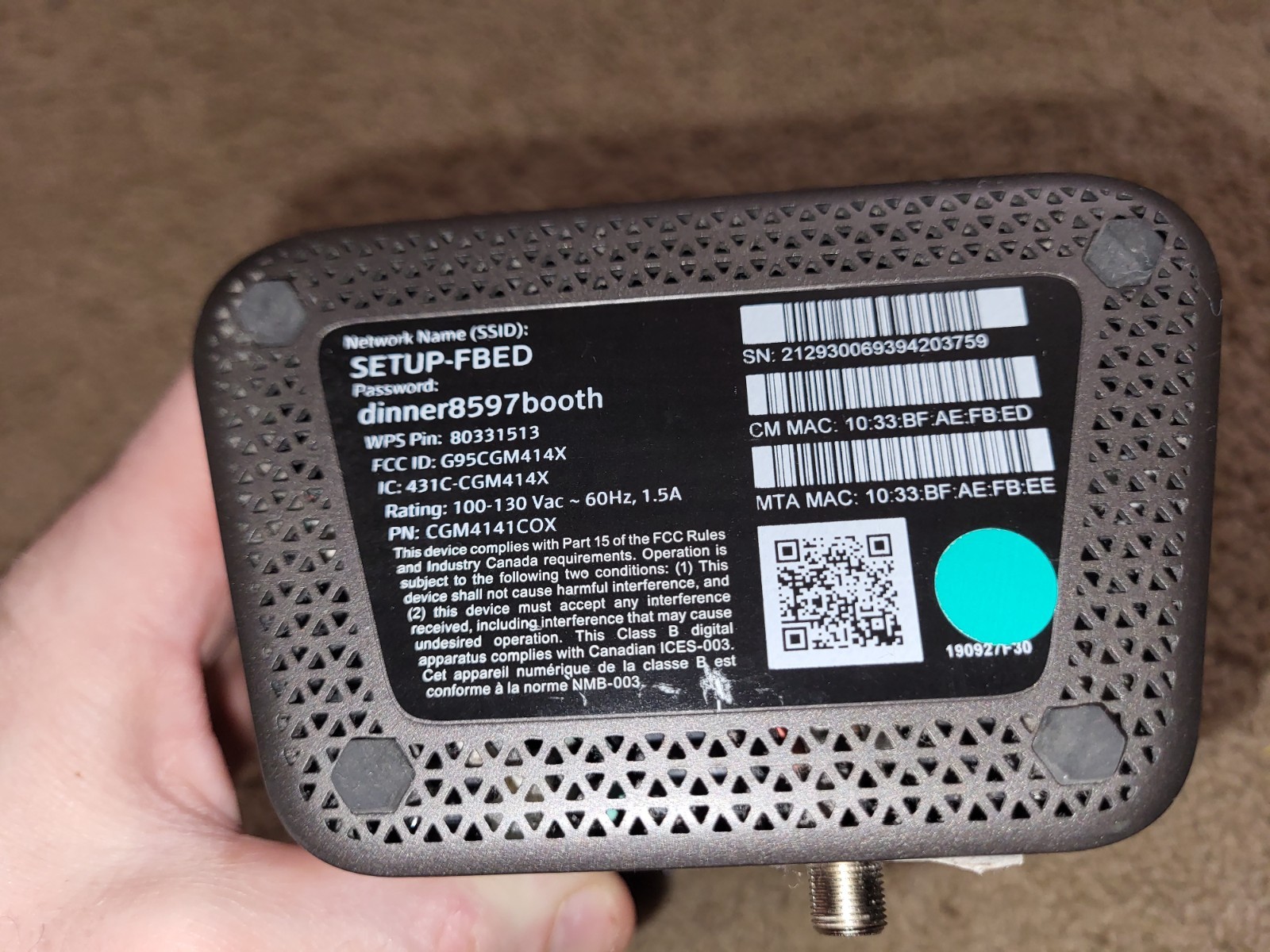 COX PANORAMIC MODEM, ROUTER, & REMOTE CGM414X