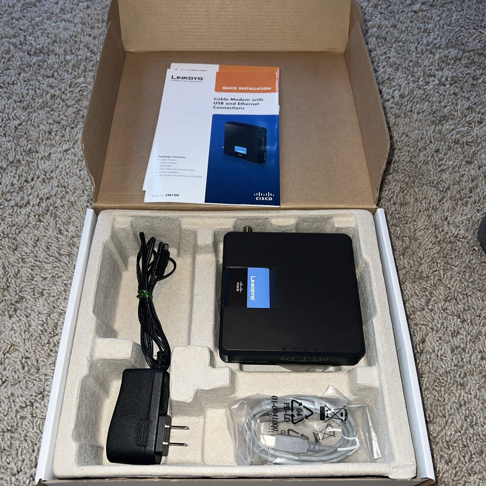 3C NEW Linksys Cable Modem With USB And ETHERNET Connections Model CM100