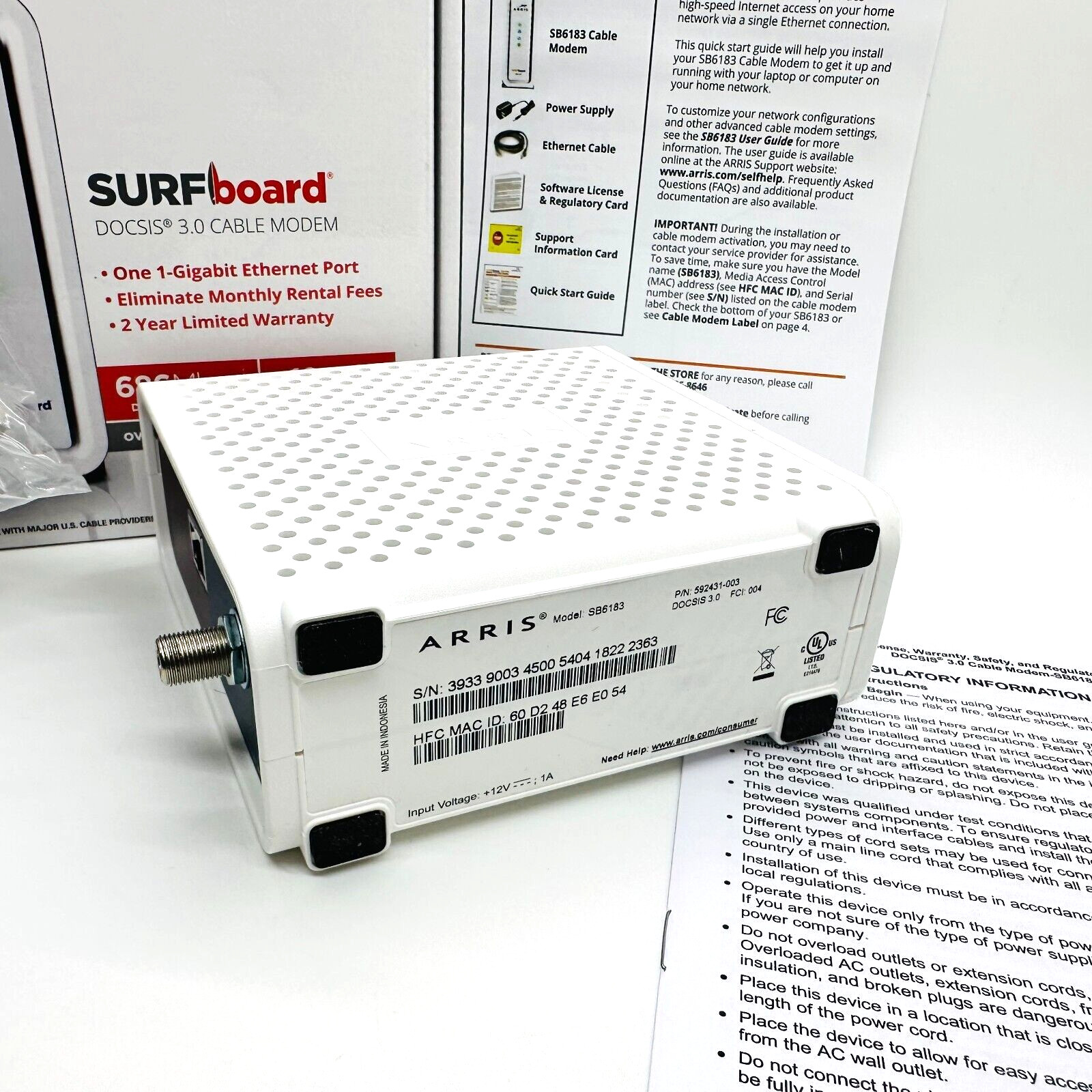 ARRIS SB6183 686 Mbps Cable Modem, White ~ New Open Box