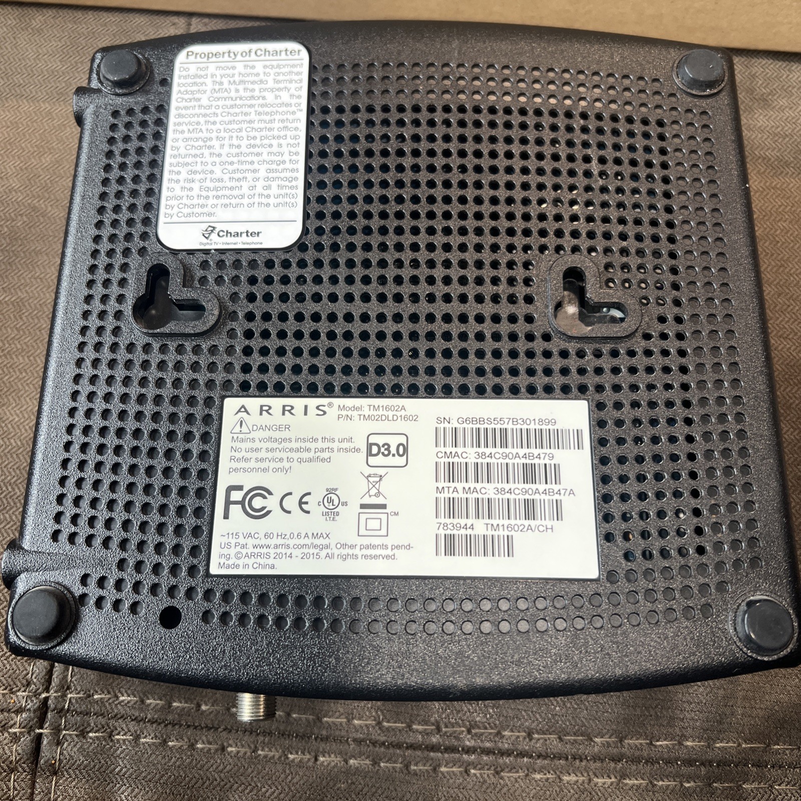 🔥Used ARRIS TM1602A Cable Telephony Modem DOCSIS 3.0