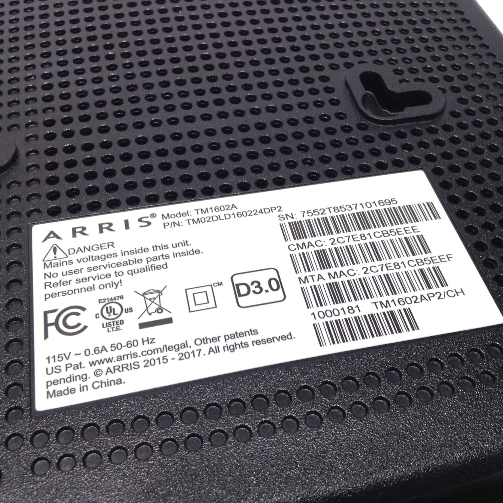 ARRIS Touchstone TM1602A Telephony Cable Modem16x4 Docsis 3.0 – MODEM w/ CORDS