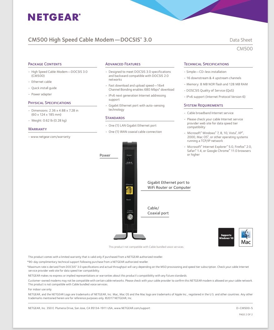 Netgear High Speed DOCSIS 3.0 Cable Modem CM500-1AZNAS NEW, SEALED Xfinity Cox