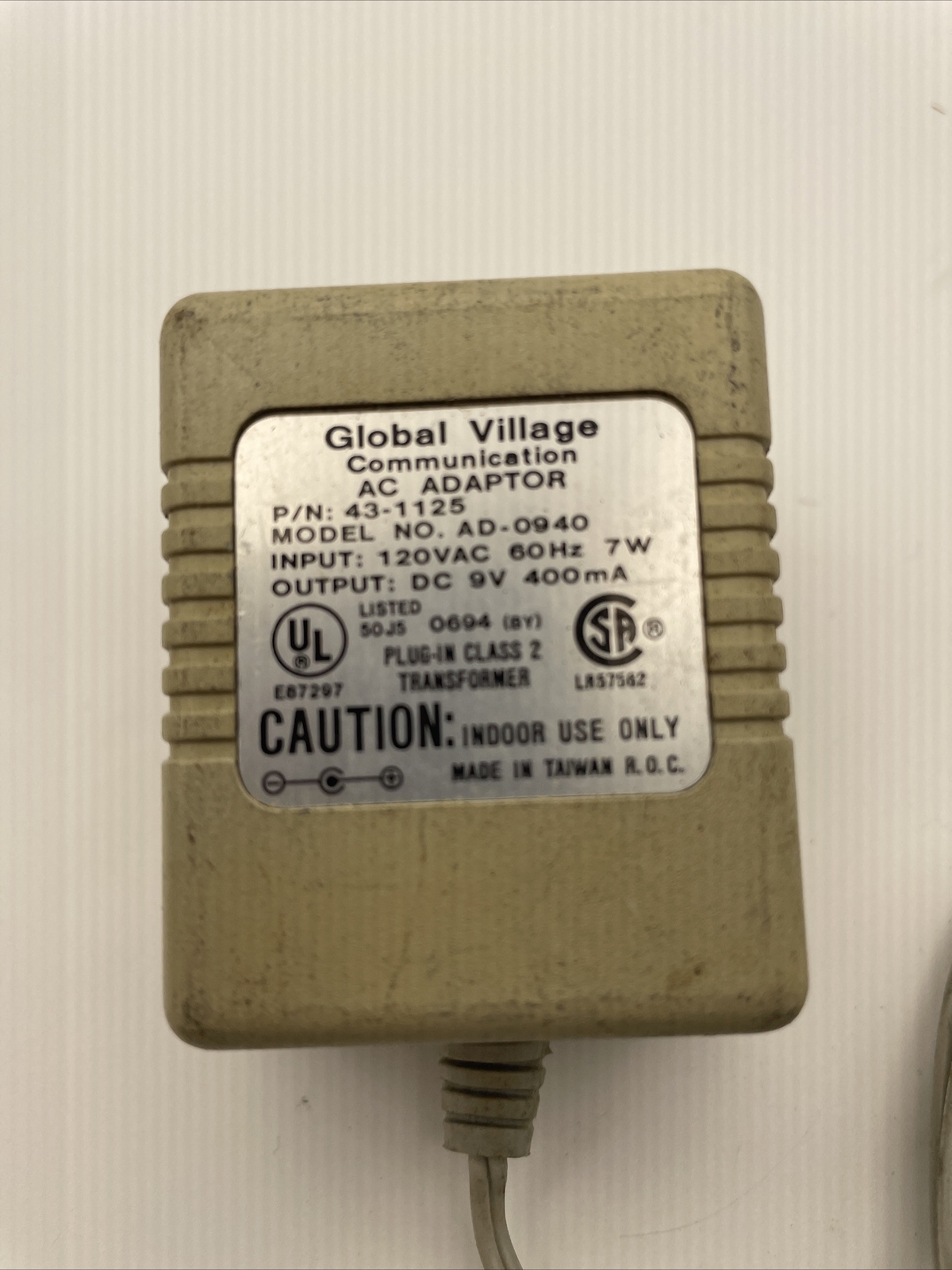 Global Village Communications AC Adapter 120VAC 60Hz DC 9V 400mA (AD-0940)