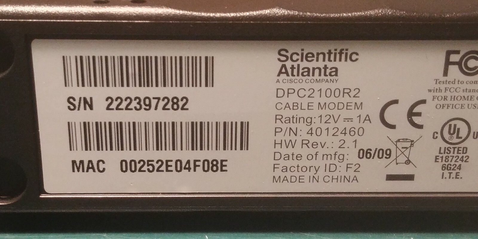 Scientific Atlanta (Cisco) – DPC2100R2 – Cable Modem, DOCSIS 2.0