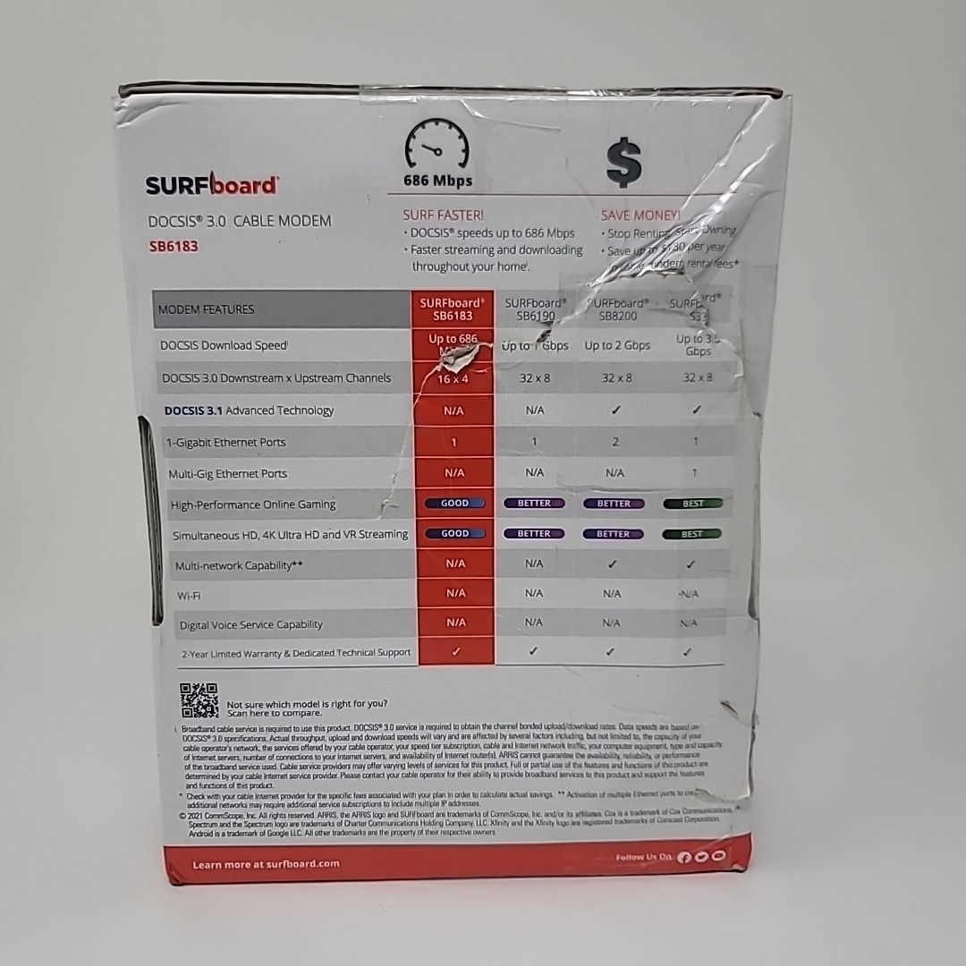 ARRIS SURFboard 16×4 DOCSIS 3.0 Cable Modem SB6183 Black 612572216712 Rough Box