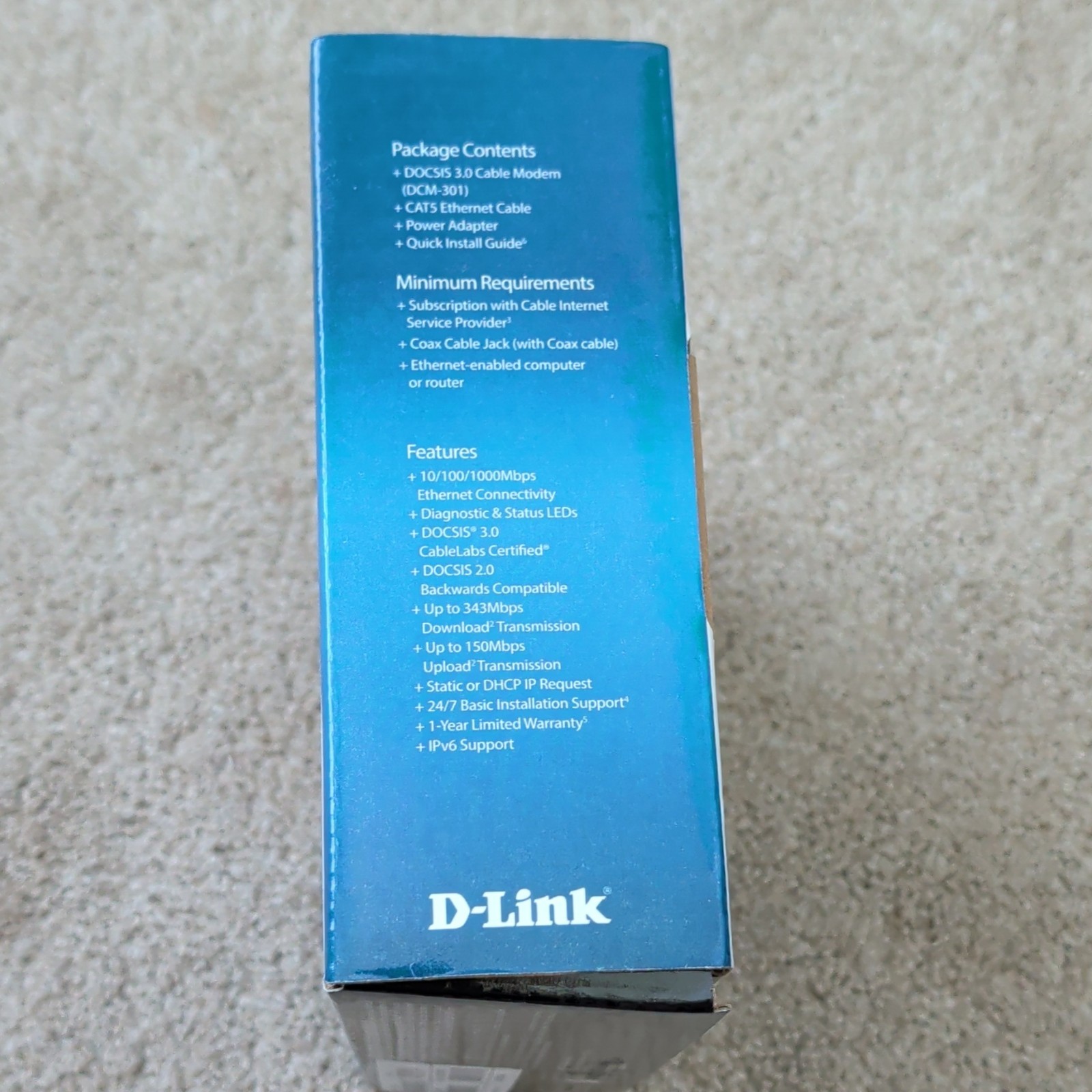 D-Link DCM-301 DOCSIS 3.0 Cable Modem 343 Mbps IPv6 Comcast RJ-45